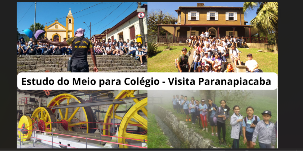 Alunos em visita pedagógica observando maquinário funicular histórico de Paranapiacaba